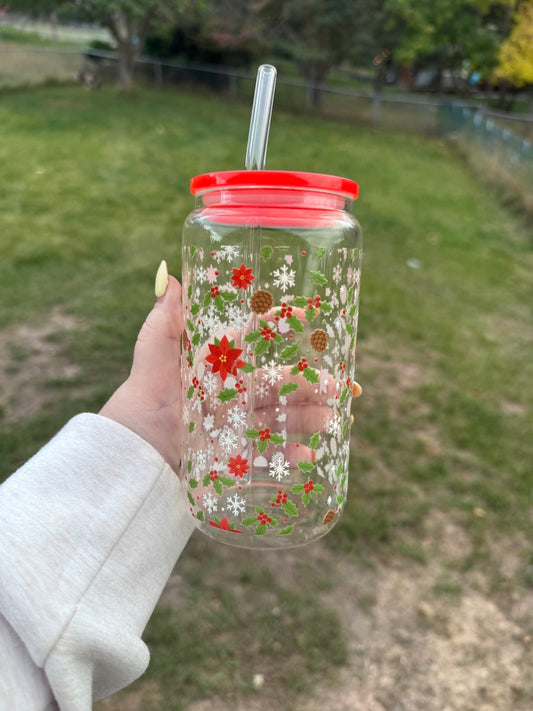 Christmas Glass Tumbler – 20oz Reusable Cup with Mistletoe