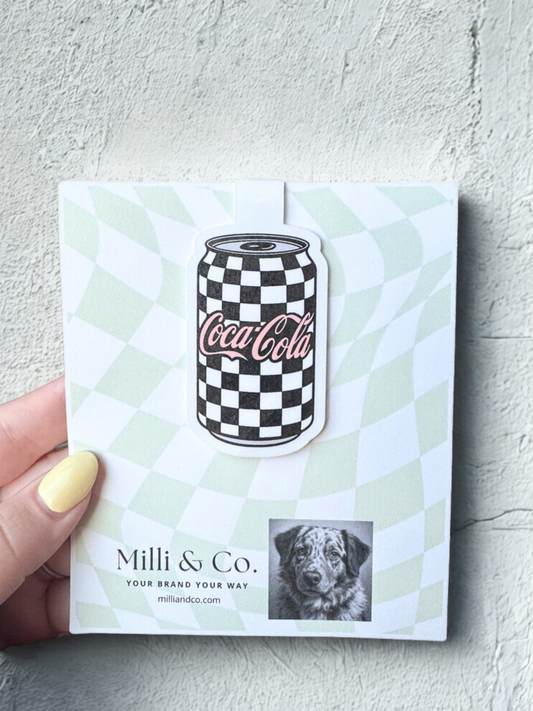 checkered black and white coca cola can magnetic bookmark